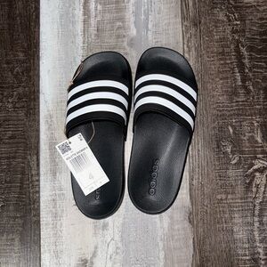 Adidas Black Slides with White Stripes